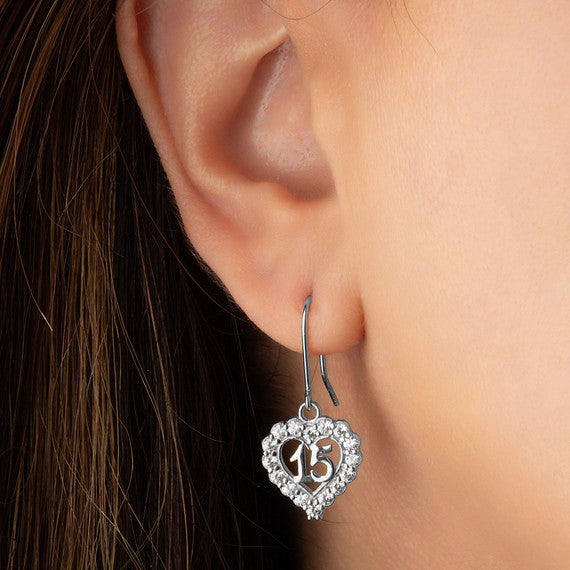 .925 Sterling Silver 15 Años Quinceañera Cubic Zirconia Heart Leverback Earrings