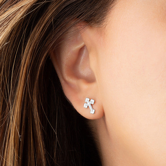 925 Sterling Silver Textured Sacred Cross Stud Earrings