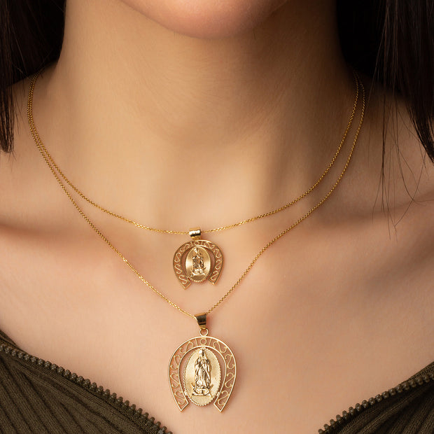 Gold Lady Of Guadalupe Filigree Horseshoe Pendant Necklace (Available in Small/Large & Yellow/Rose/White Gold)