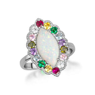 .925 Sterling Silver Marquise Cut Natural Opal Gemstone Halo Ring