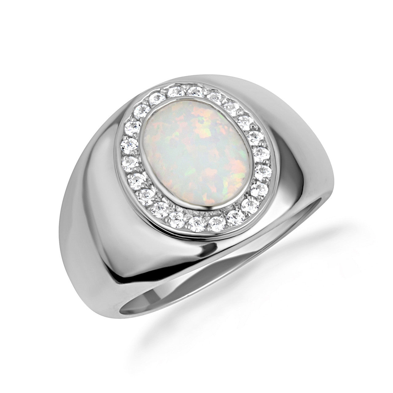 Gold Oval Natural Opal Gemstone Diamond Halo Signet Ring (Available in Yellow/Rose/White Gold)