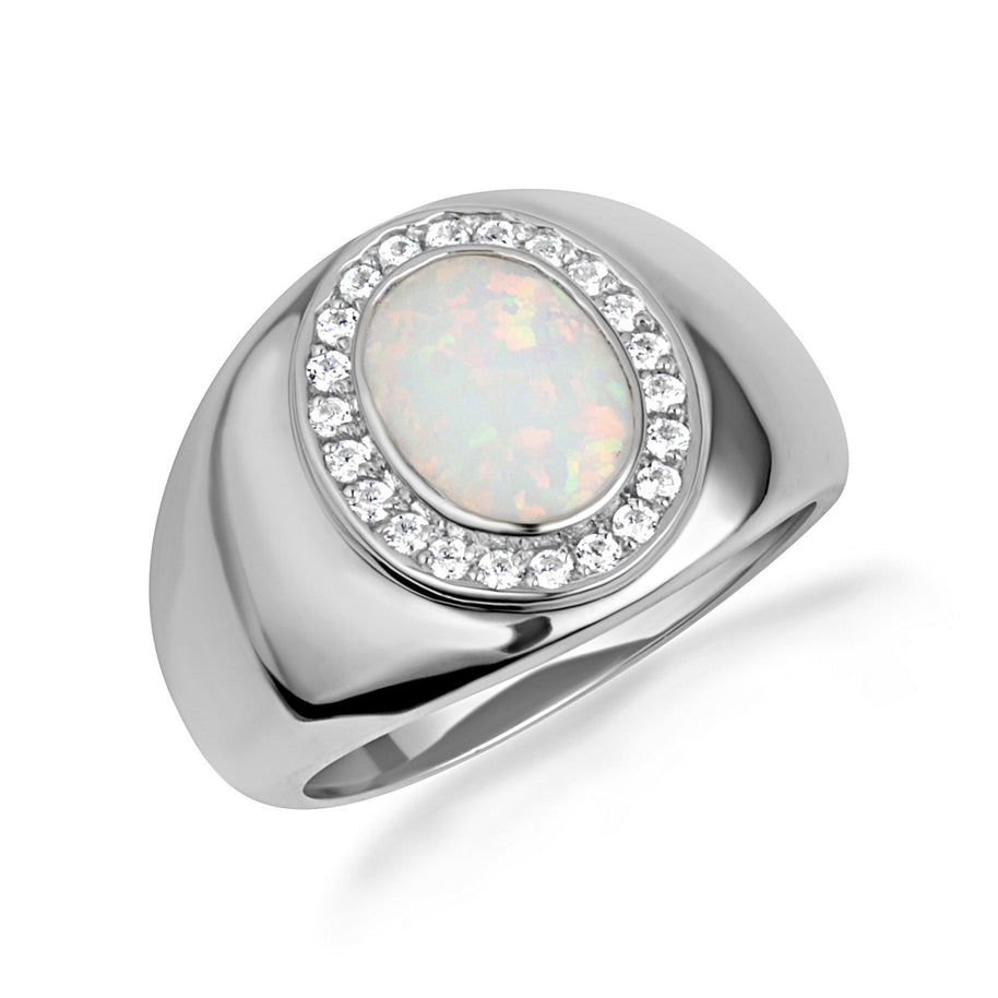 Gold Oval Natural Opal Gemstone Diamond Halo Signet Ring (Available in Yellow/Rose/White Gold)