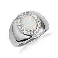 Gold Oval Natural Opal Gemstone Diamond Halo Signet Ring (Available in Yellow/Rose/White Gold)