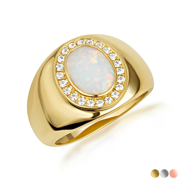 Gold Oval Natural Opal Gemstone Diamond Halo Signet Ring (Available in Yellow/Rose/White Gold)