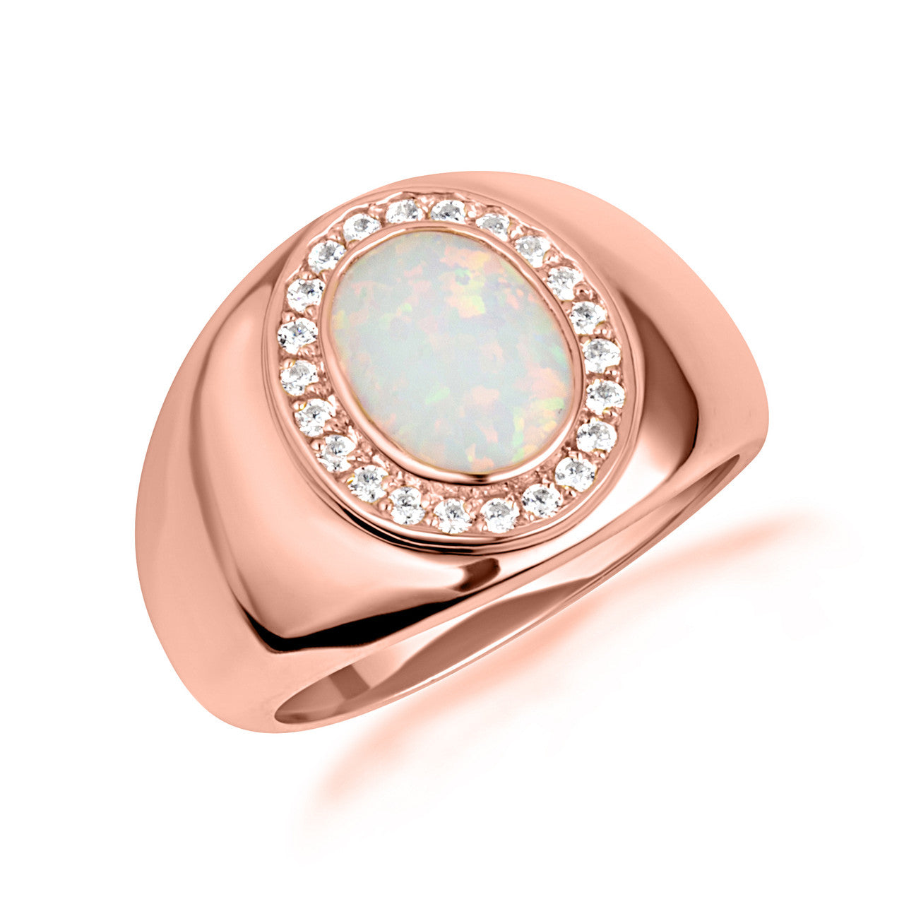 Gold Oval Natural Opal Gemstone Diamond Halo Signet Ring (Available in Yellow/Rose/White Gold)