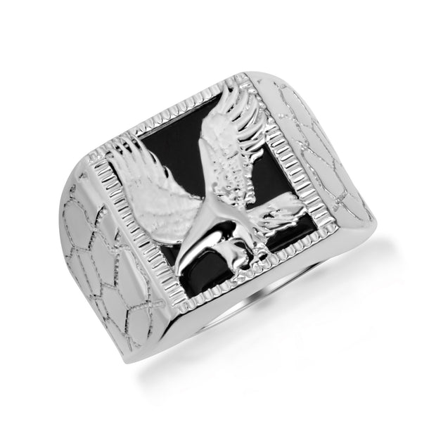 .925 Sterling Silver Black Onyx Eagle Nugget Signet Ring