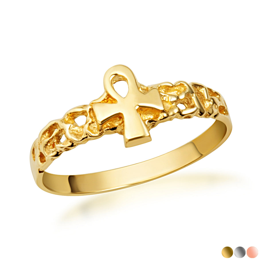 Gold Ankh Cross Nugget Ring (Available in Yellow/Rose/White Gold)
