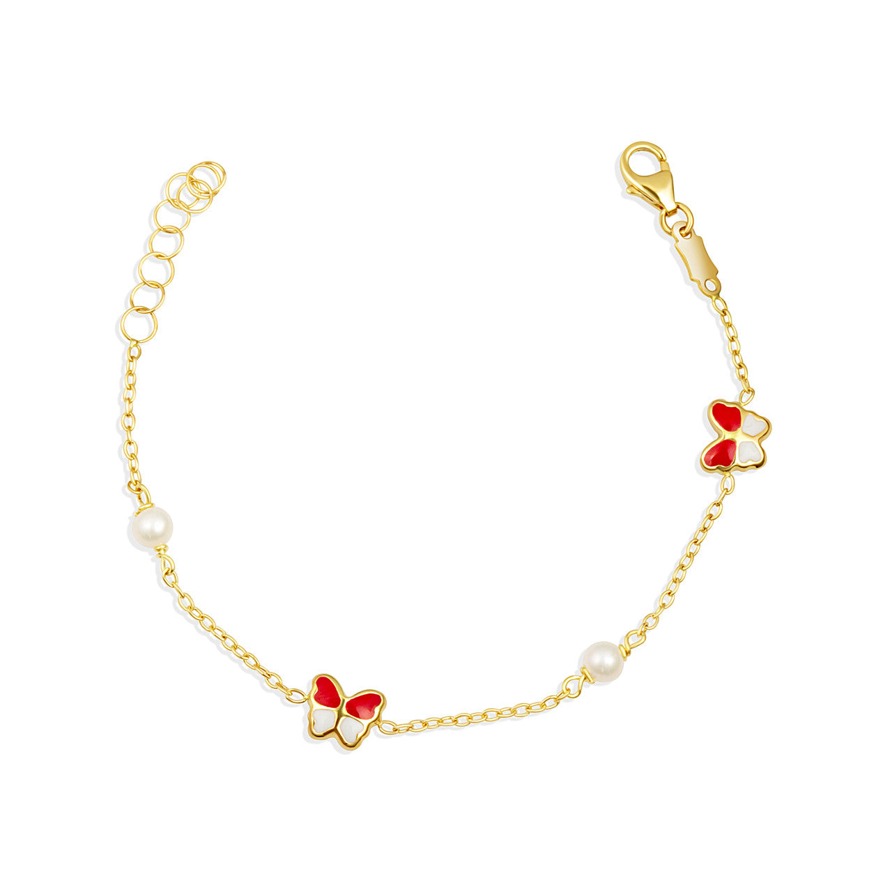 14K Yellow Gold Enamel Butterfly Pearl Charm Baby Bracelet