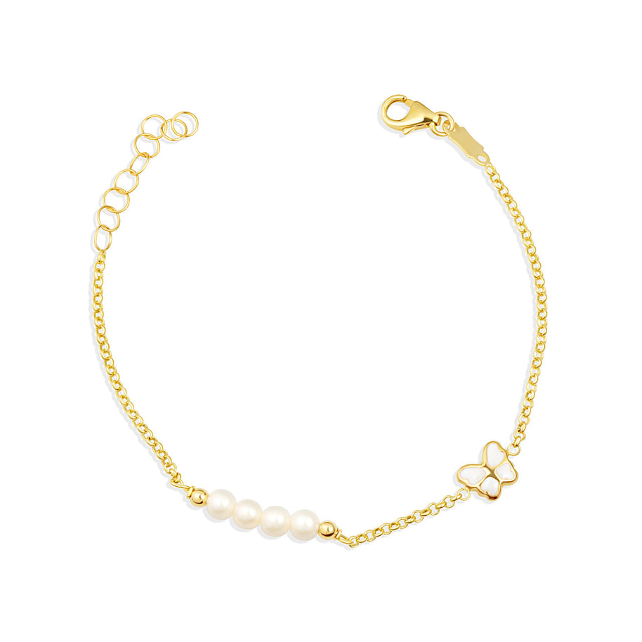 14K Yellow Gold Pearl Enamel Butterfly Charm Baby Bracelet