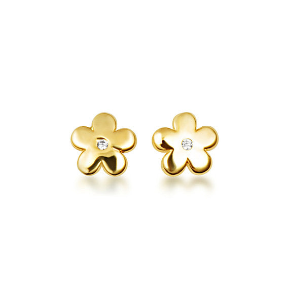14K Yellow Gold Diamond Flower Baby Stud Earrings