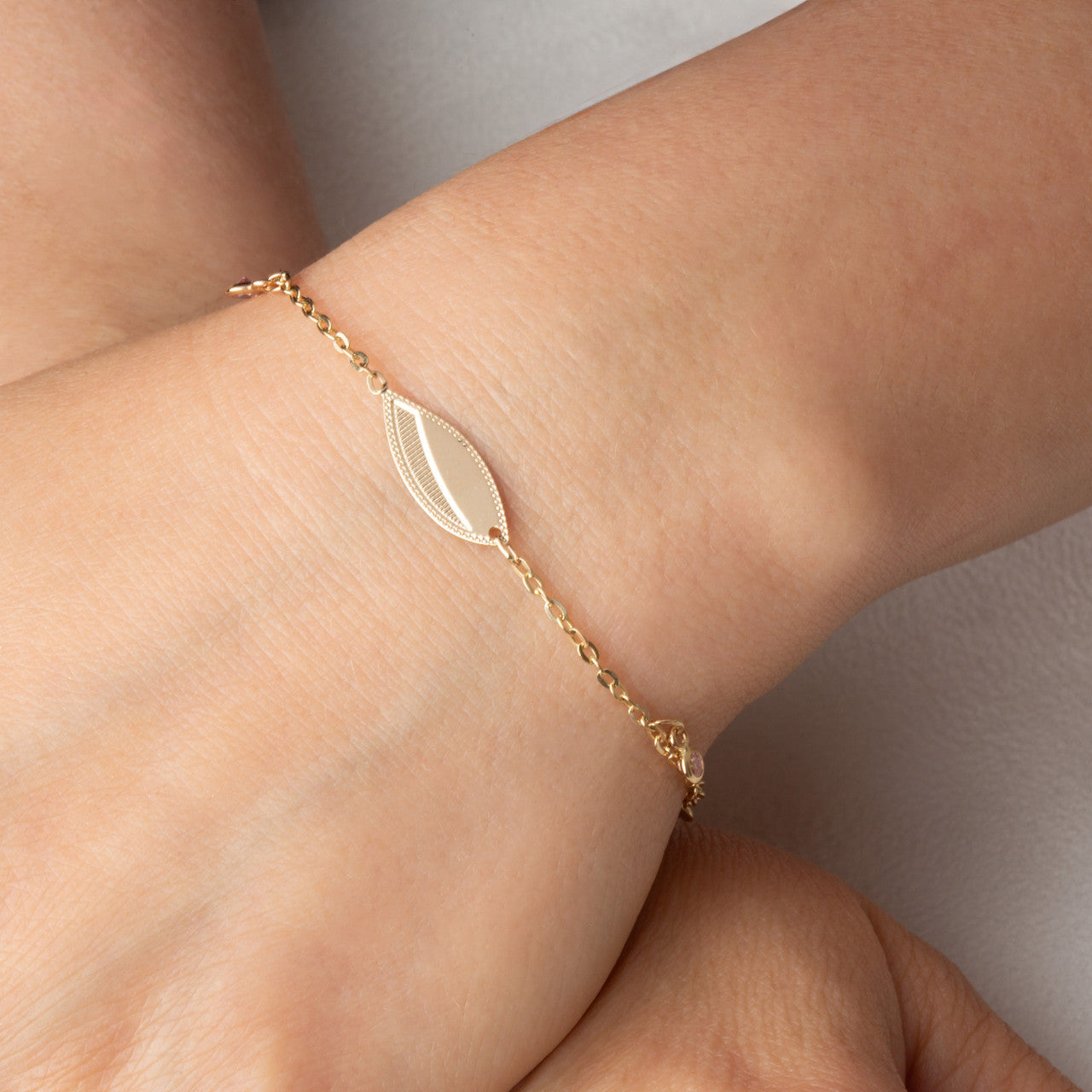 14K Yellow Gold Pink Birthstone Oval Nameplate Bracelet