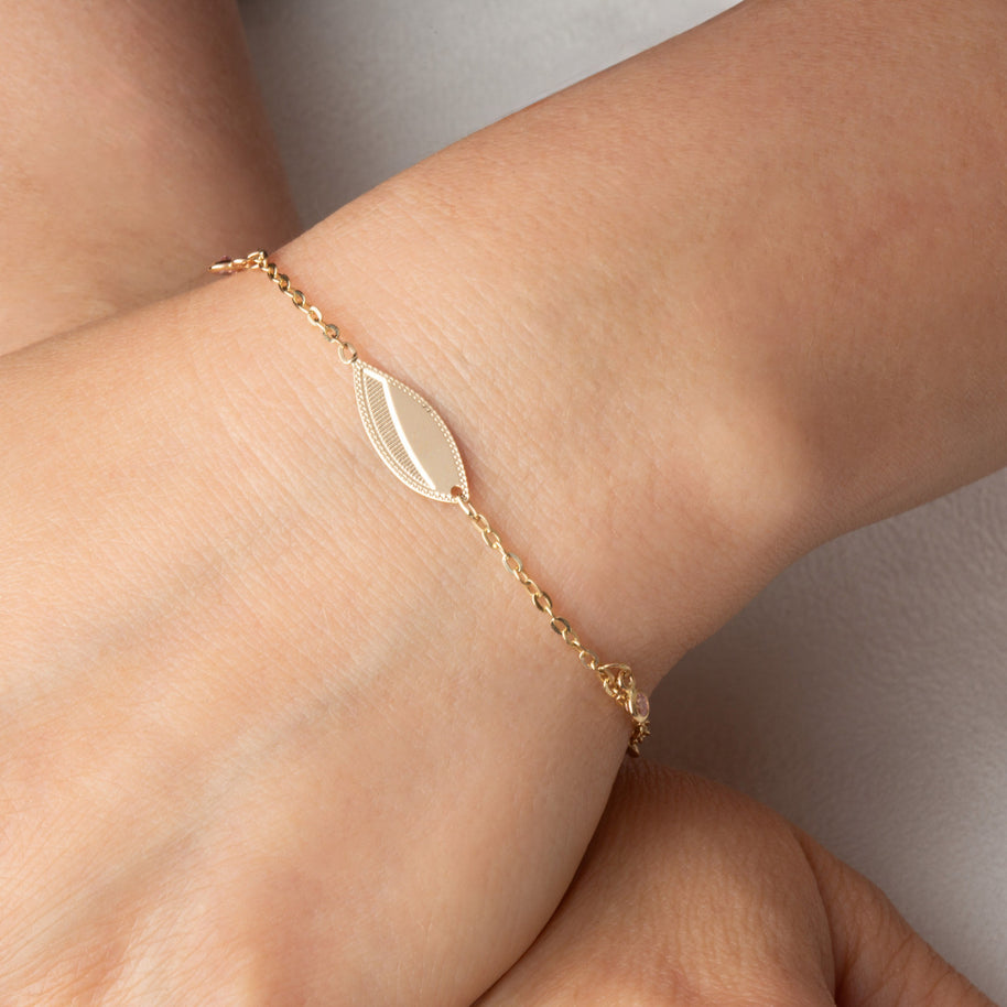 14K Yellow Gold Pink Birthstone Oval Nameplate Bracelet