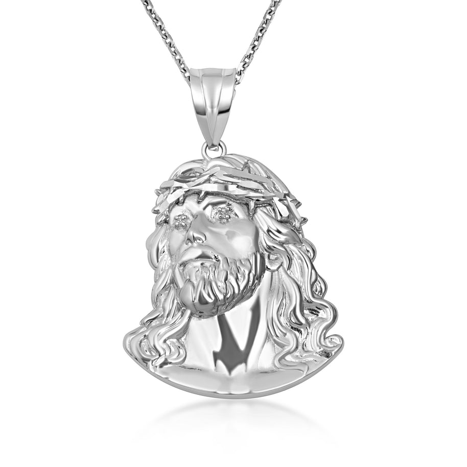 .925 Sterling Silver Jesus Christ Face Diamond Cut Pendant Necklace (Available in Small/Medium/Large)