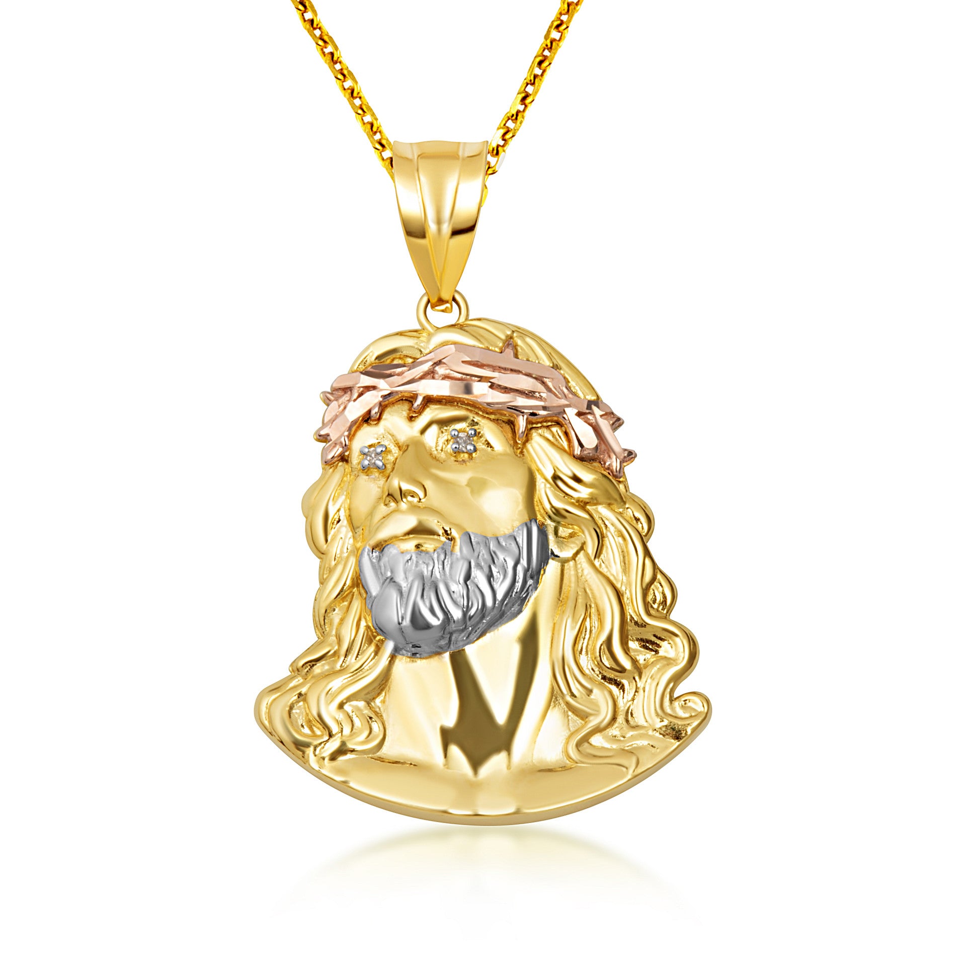 Tri-Color Gold Jesus Christ Face Diamond Cut CZ Pendant Necklace (Available in Small/Medium/Large)