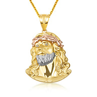 Tri-Color Gold Jesus Christ Face Diamond Cut CZ Pendant Necklace (Available in Small/Medium/Large)