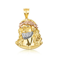 Tri-Color Gold Jesus Christ Face Diamond Cut CZ Pendant Necklace (Available in Small/Medium/Large)