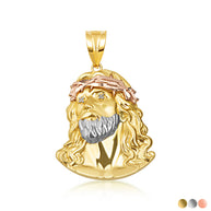 Tri-Color Gold Jesus Christ Face Diamond Cut CZ Pendant Necklace (Available in Small/Medium/Large)