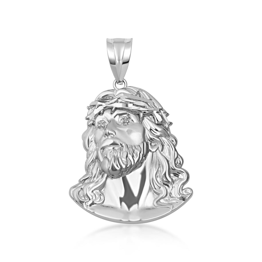 .925 Sterling Silver Jesus Christ Face Diamond Cut Pendant Necklace (Available in Small/Medium/Large)