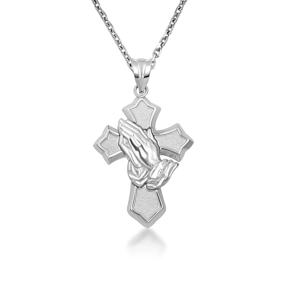 .925 Sterling Silver Praying Hands Cross Pendant Necklace