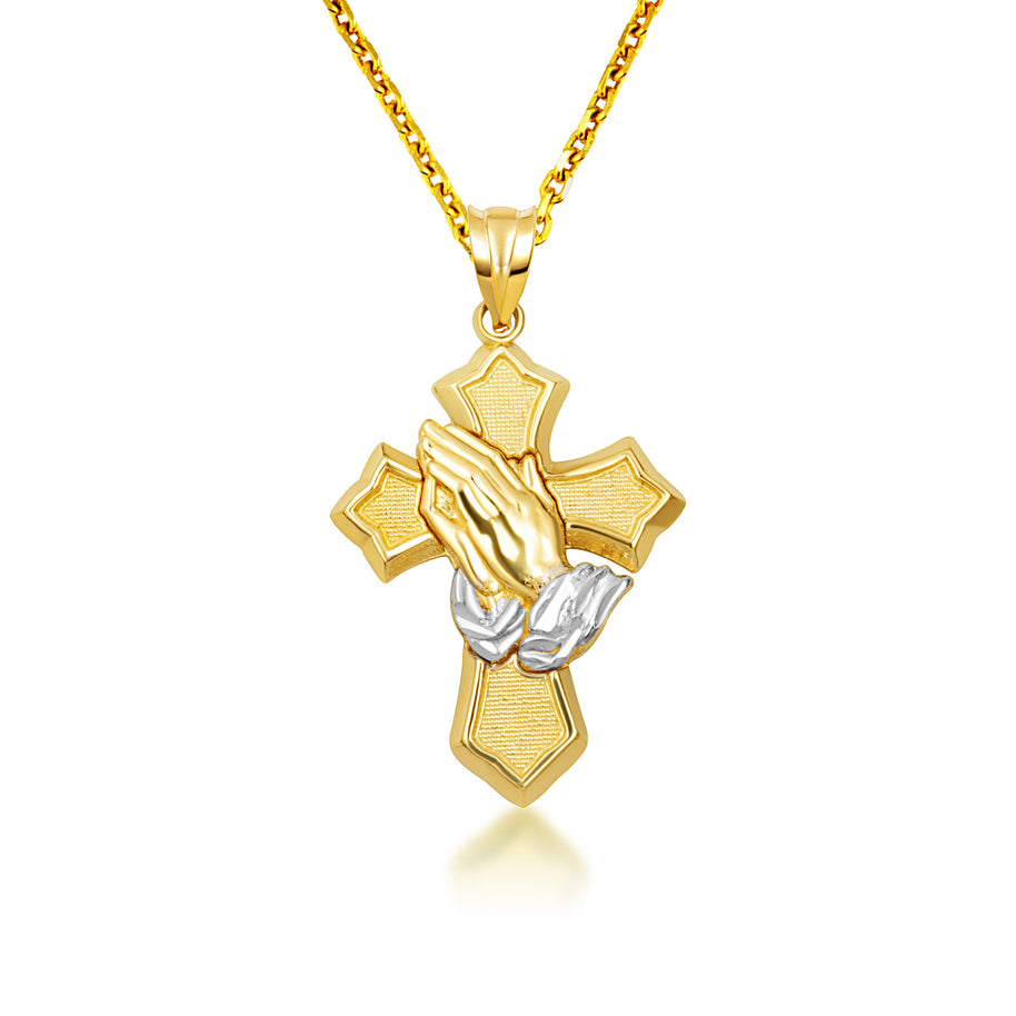 Two-Tone Gold Praying Hands Cross Pendant Necklace