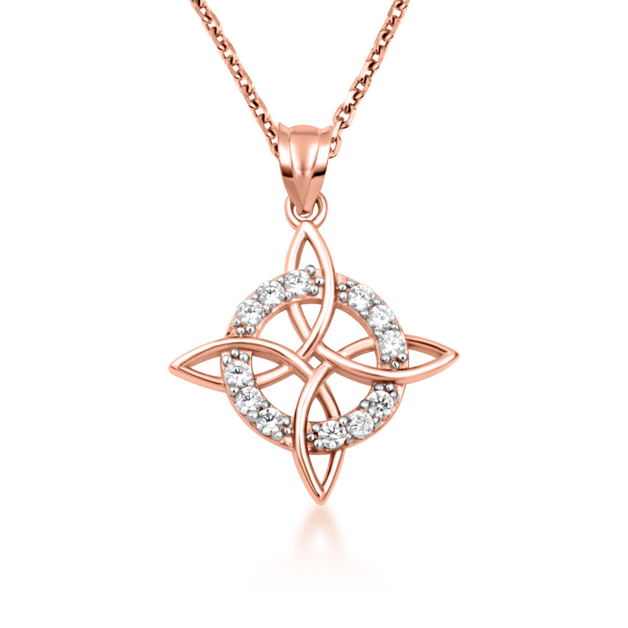Gold Irish Celtic Cross Halo Trinity Knot Pendant Necklace (Available in Yellow/Rose/White Gold)