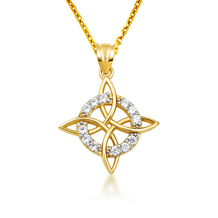 Gold Irish Celtic Cross Halo Trinity Knot Pendant Necklace (Available in Yellow/Rose/White Gold)