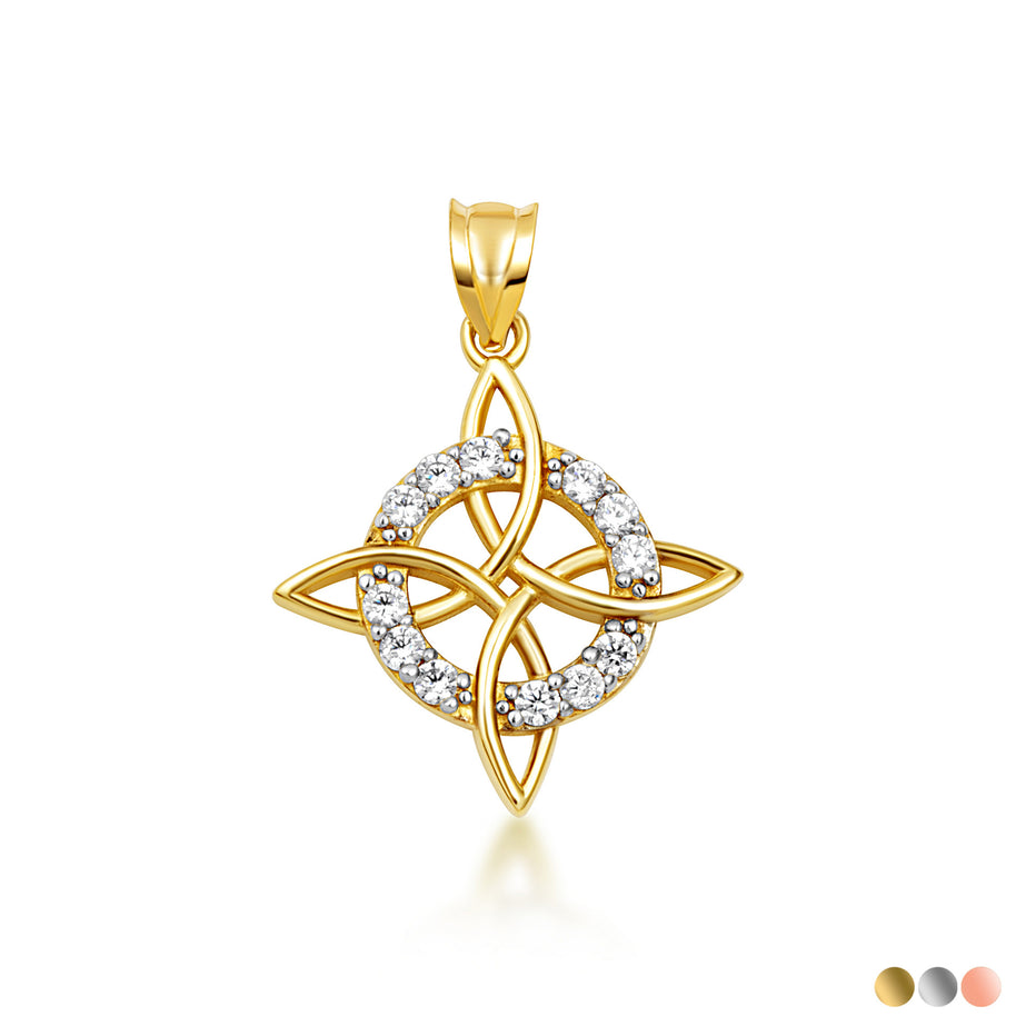 Gold Irish Celtic Cross Halo Trinity Knot Pendant Necklace (Available in Yellow/Rose/White Gold)