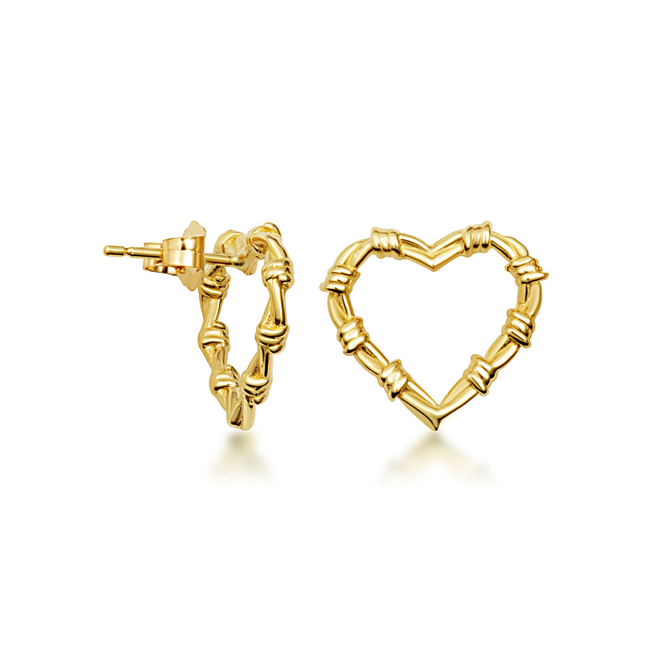 Yellow Gold Heart Crown of Thorns Jesus Christ Stud Earrings (Available in Small/Large)