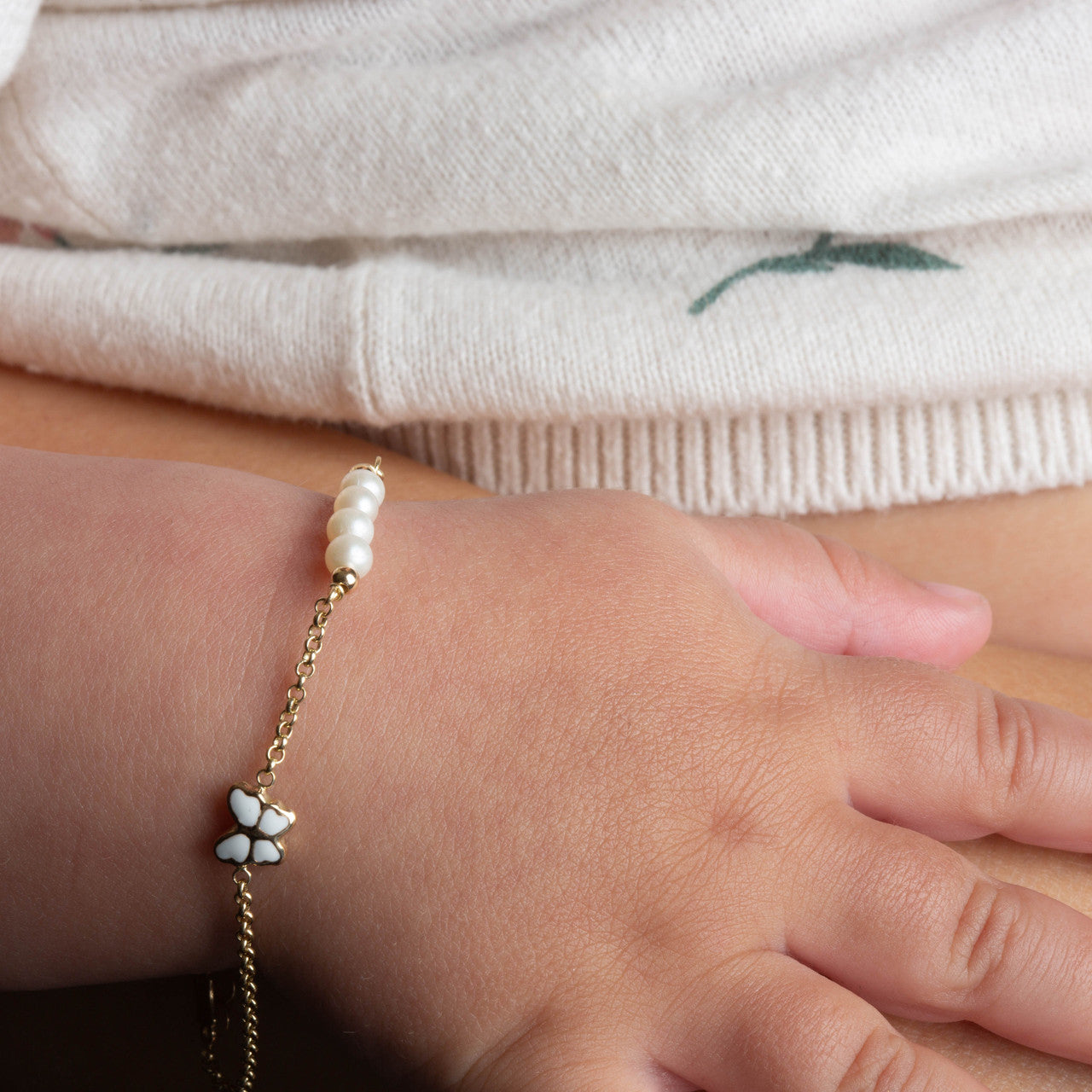14K Yellow Gold Pearl Enamel Butterfly Charm Baby Bracelet