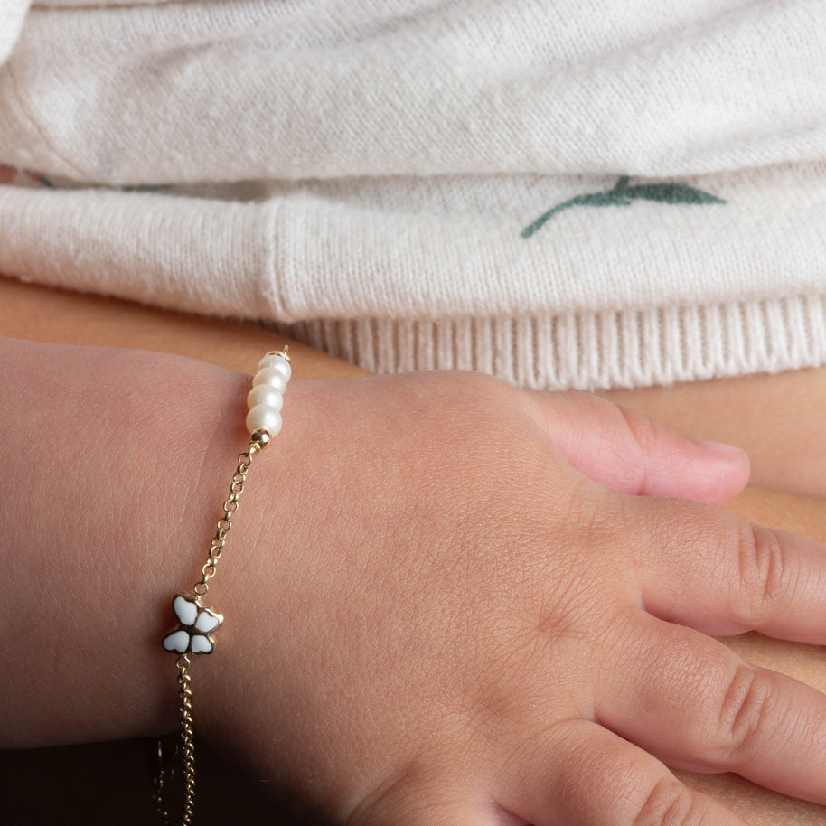 14K Yellow Gold Pearl Enamel Butterfly Charm Baby Bracelet