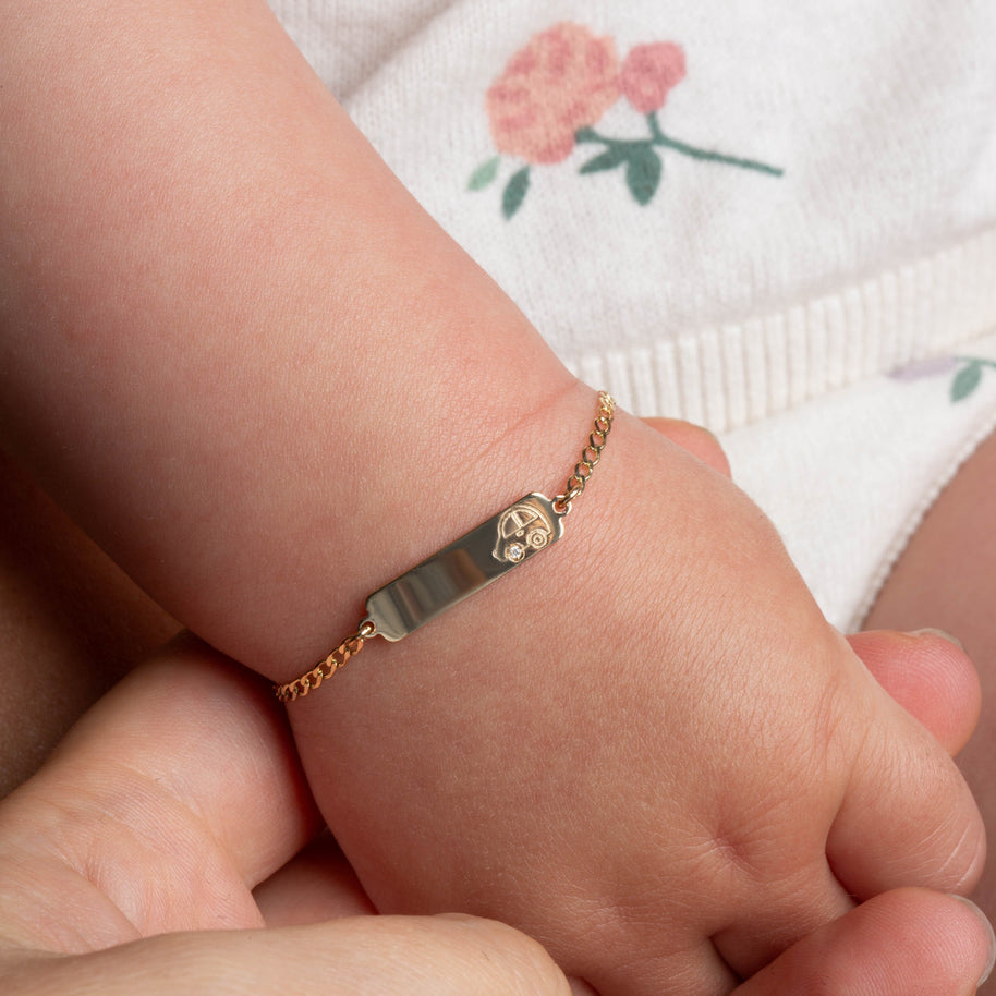 14K Yellow Gold Diamond Car Nameplate Engravable Baby Bracelet