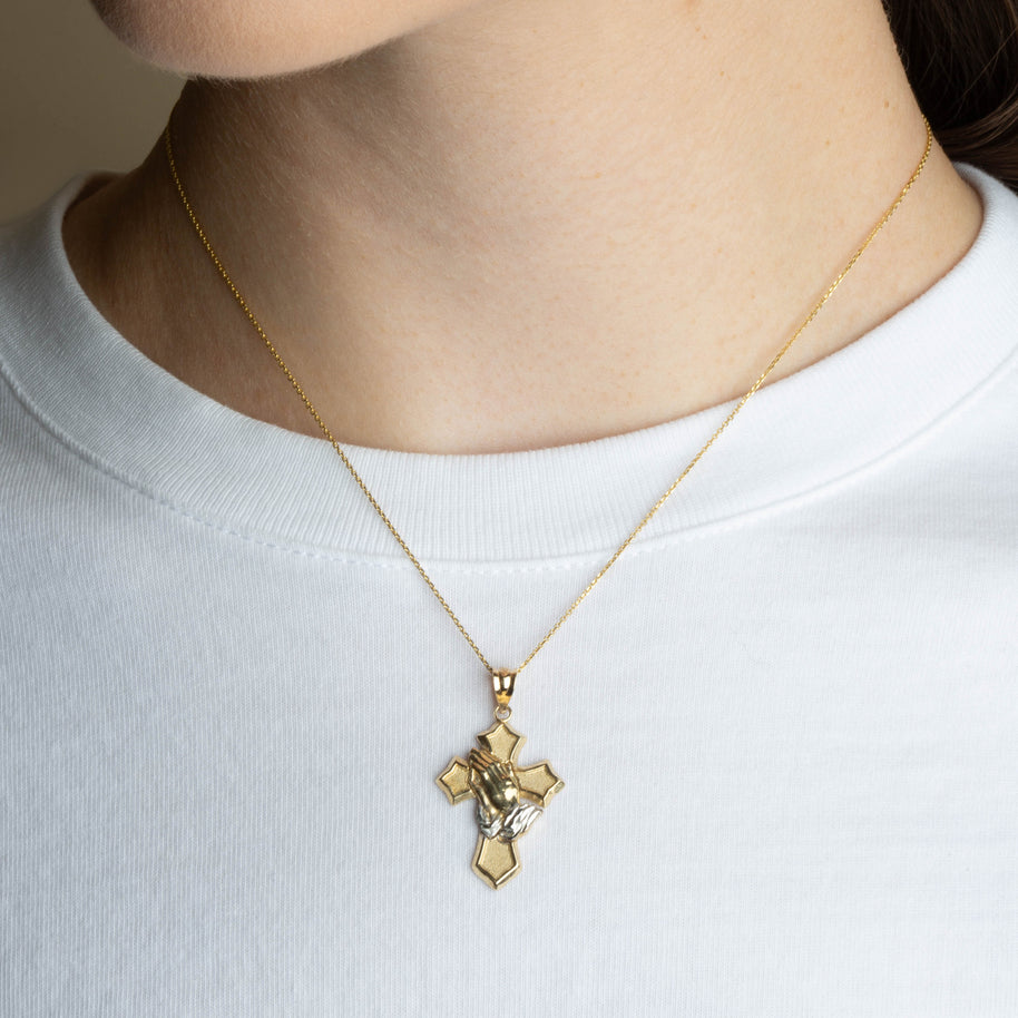 Two-Tone Gold Praying Hands Cross Pendant Necklace