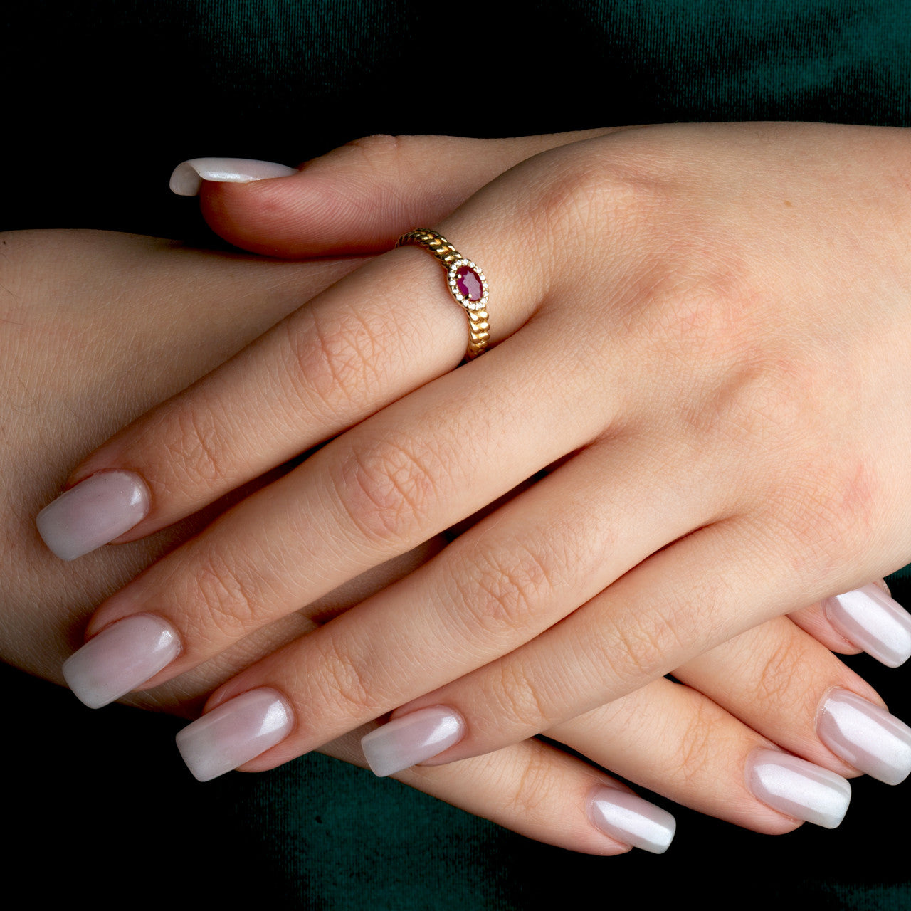 Gold Oval Gemstone Diamond Halo Cuban Chain Link Ring (Available in Yellow /Rose/White Gold)