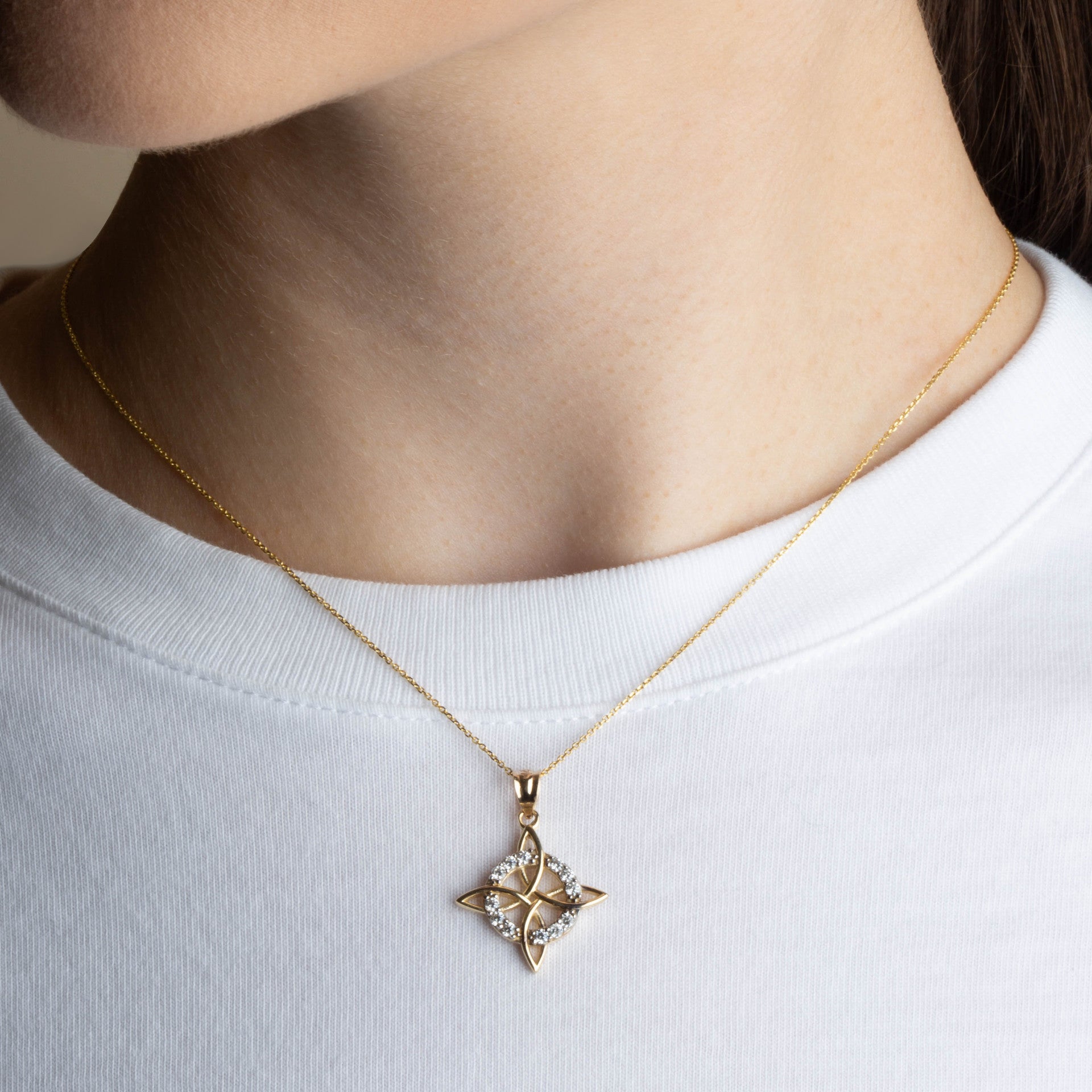 Gold Irish Celtic Cross Halo Trinity Knot Pendant Necklace (Available in Yellow/Rose/White Gold)