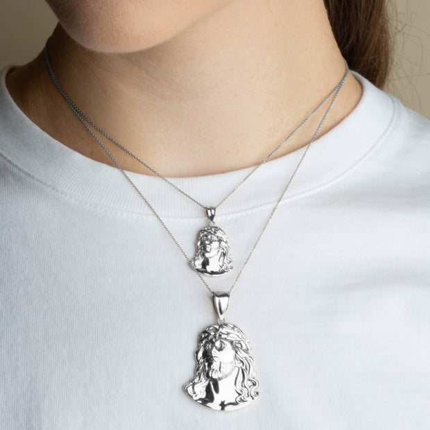 .925 Sterling Silver Jesus Christ Face Diamond Cut Pendant Necklace (Available in Small/Medium/Large)