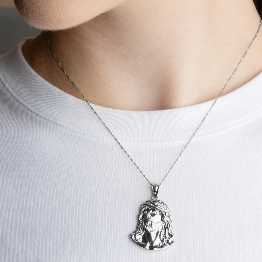.925 Sterling Silver Jesus Christ Face Diamond Cut Pendant Necklace (Available in Small/Medium/Large)