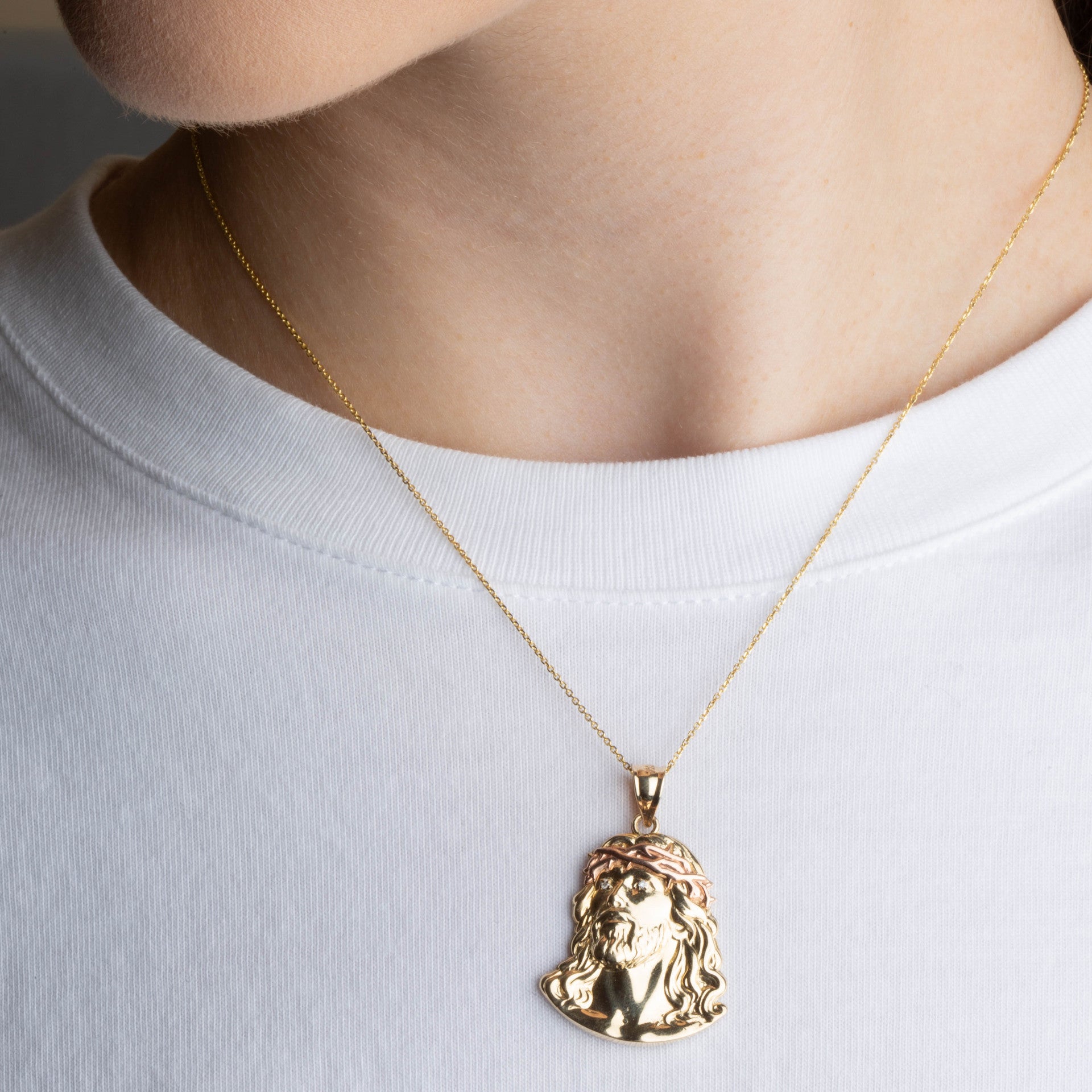 Tri-Color Gold Jesus Christ Face Diamond Cut CZ Pendant Necklace (Available in Small/Medium/Large)