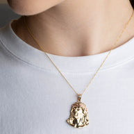 Tri-Color Gold Jesus Christ Face Diamond Cut CZ Pendant Necklace (Available in Small/Medium/Large)