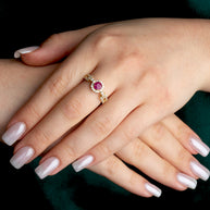 Gold Round Gemstone Diamond Halo Studded Chain Link Ring (Available in Yellow/Rose/White Gold)