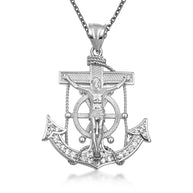Two-Tone Gold Studded Mariner Cross Crucifix Anchor Jesus Christ Pendant Necklace (Available in Yellow/White Gold & Small/Medium/Large)