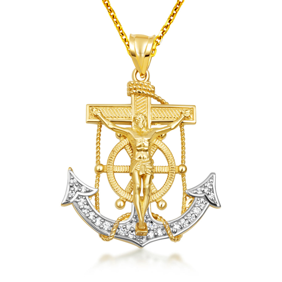Two-Tone Gold Studded Mariner Cross Crucifix Anchor Jesus Christ Pendant Necklace (Available in Yellow/White Gold & Small/Medium/Large)