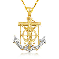 Two-Tone Gold Studded Mariner Cross Crucifix Anchor Jesus Christ Pendant Necklace (Available in Yellow/White Gold & Small/Medium/Large)
