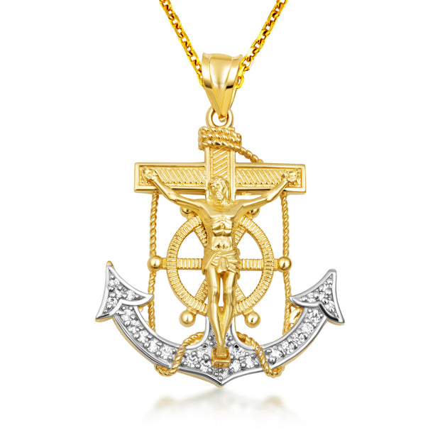 Two-Tone Gold Studded Mariner Cross Crucifix Anchor Jesus Christ Pendant Necklace (Available in Yellow/White Gold & Small/Medium/Large)