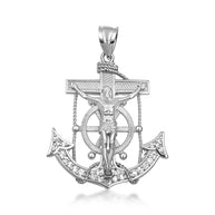 Two-Tone Gold Studded Mariner Cross Crucifix Anchor Jesus Christ Pendant Necklace (Available in Yellow/White Gold & Small/Medium/Large)