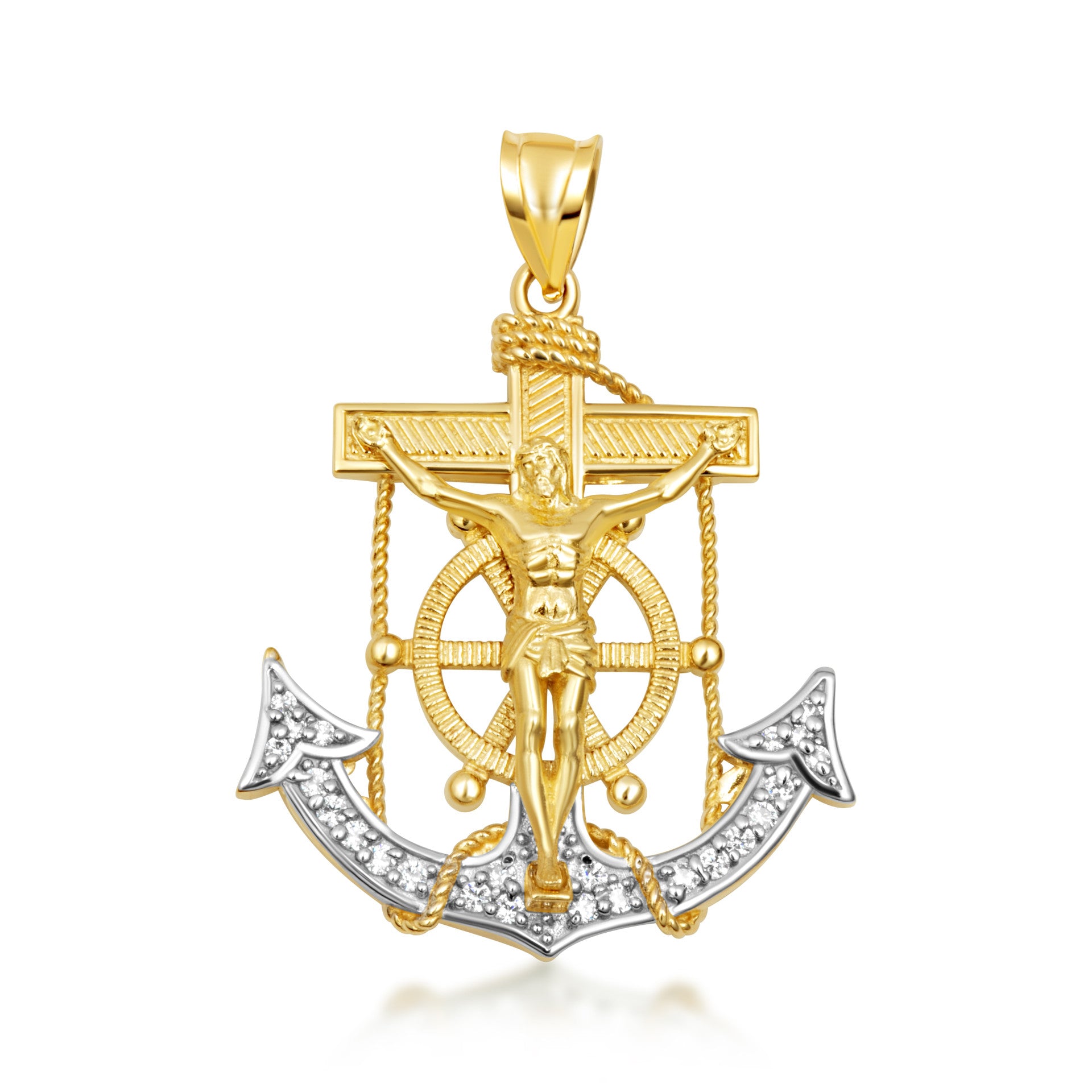 Two-Tone Gold Studded Mariner Cross Crucifix Anchor Jesus Christ Pendant Necklace (Available in Yellow/White Gold & Small/Medium/Large)