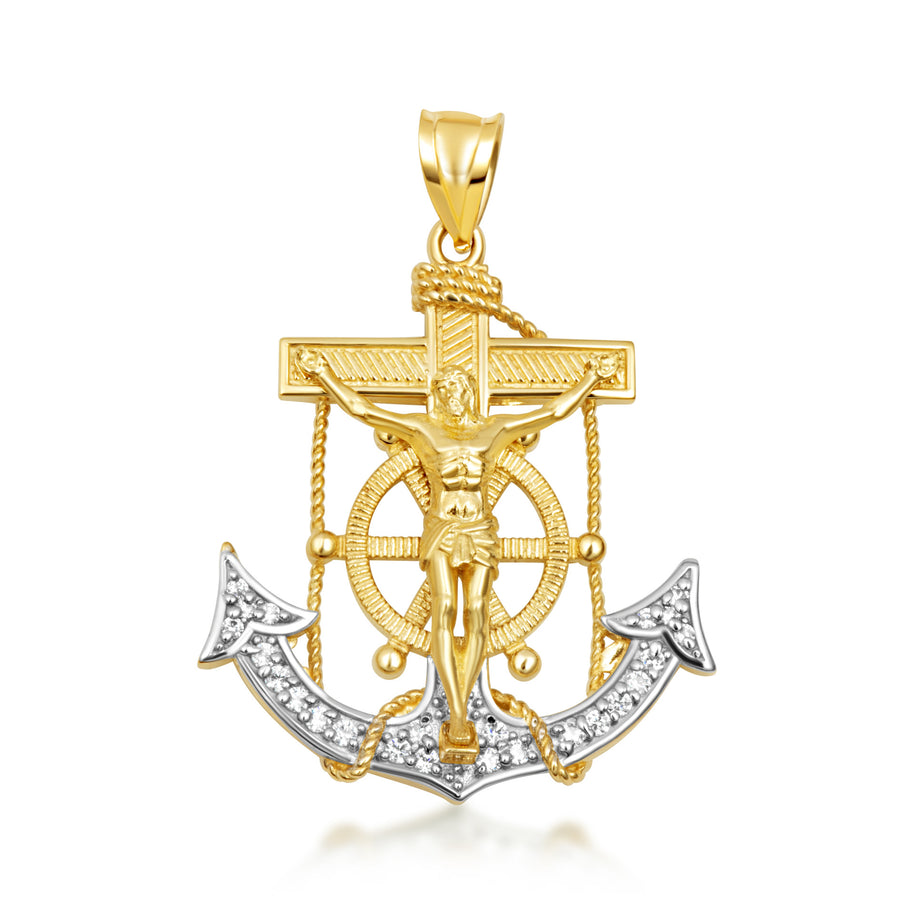 Two-Tone Gold Studded Mariner Cross Crucifix Anchor Jesus Christ Pendant Necklace (Available in Yellow/White Gold & Small/Medium/Large)