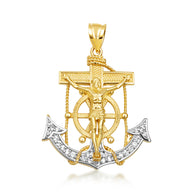 Two-Tone Gold Studded Mariner Cross Crucifix Anchor Jesus Christ Pendant Necklace (Available in Yellow/White Gold & Small/Medium/Large)