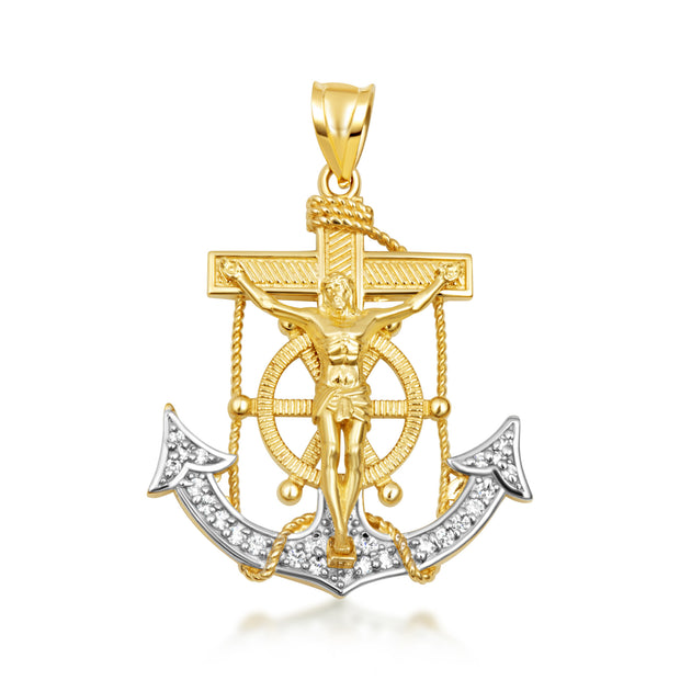 Two-Tone Gold Studded Mariner Cross Crucifix Anchor Jesus Christ Pendant Necklace (Available in Yellow/White Gold & Small/Medium/Large)