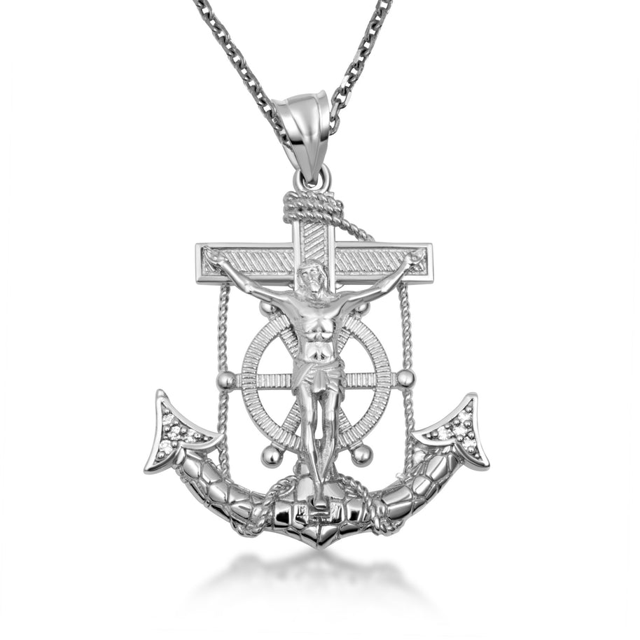 .925 Sterling Silver Cubic Zirconia Nugget Mariner Cross Crucifix Anchor Jesus Christ Pendant Necklace (Available S/M/L)