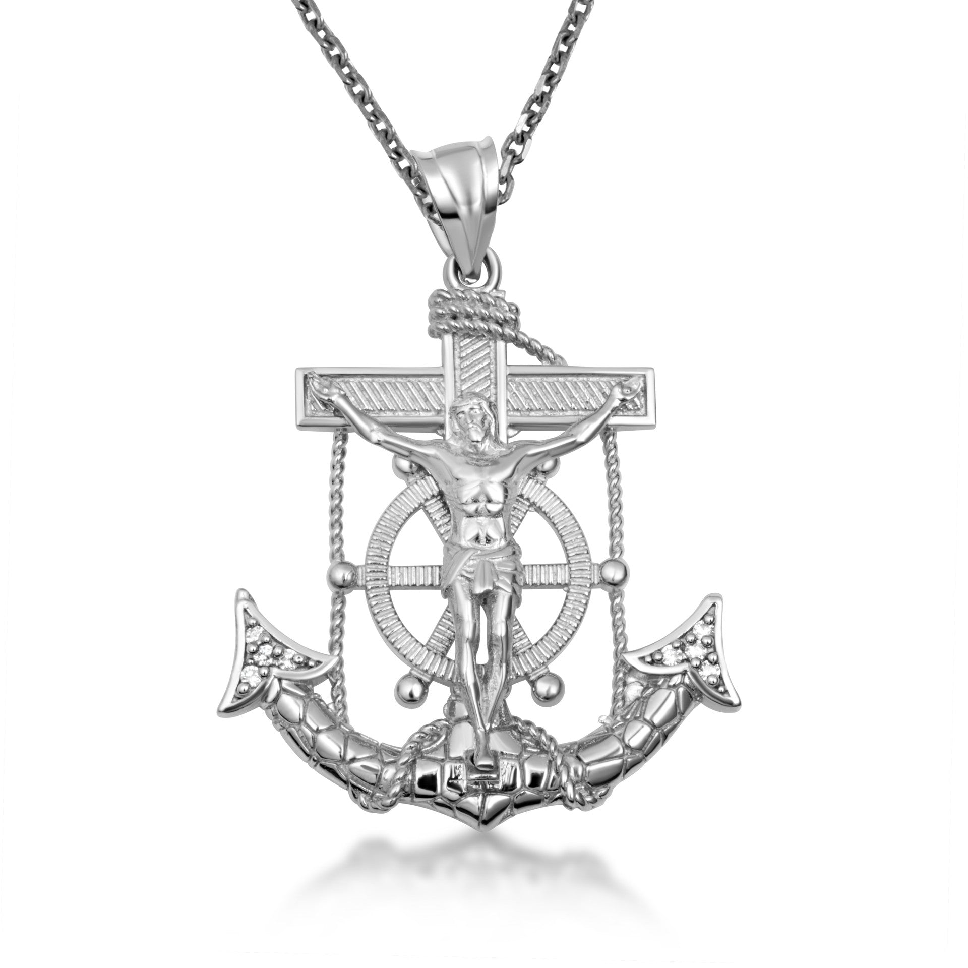 Two-Tone Gold Cubic Zirconia Mariner Cross Crucifix Anchor Jesus Christ Pendant Necklace S/M/l (Available in Yellow/White Gold